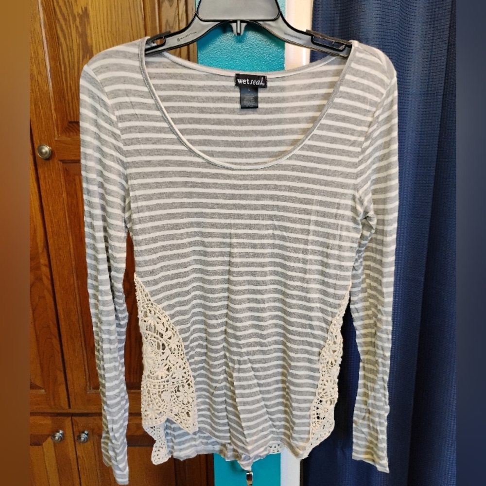 Wet Seal Gray and White Striped Lace Accent Top